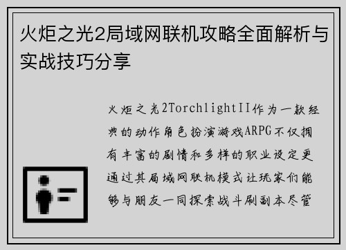 火炬之光2局域网联机攻略全面解析与实战技巧分享