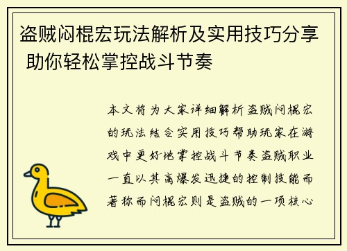 盗贼闷棍宏玩法解析及实用技巧分享 助你轻松掌控战斗节奏